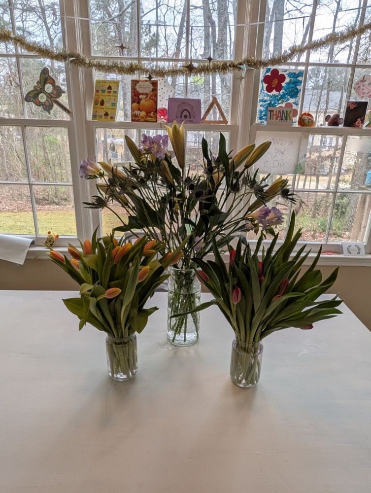 Three vases of flowers on a table
