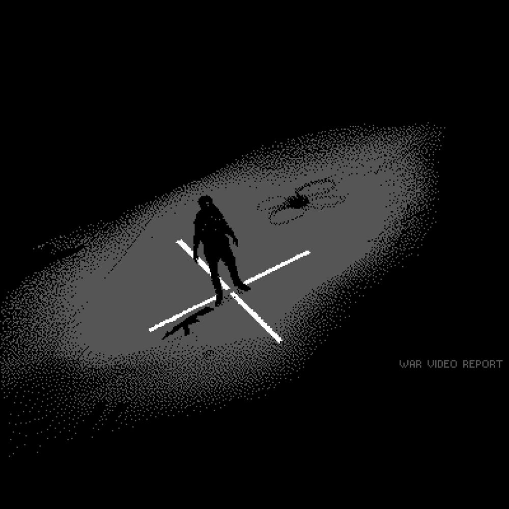 A back-grey-coloured pixel art of a person standing in bare land, the gun thrown to the ground, while a drone-looking object is closing in dangerously.