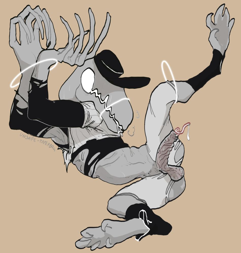 the bad batter from the videogame off, in the monster form being tangled up by halo add ons and with his clothes ripped as if from the sheer size. the dick's out with a little end appendage corkscrew like that drips.