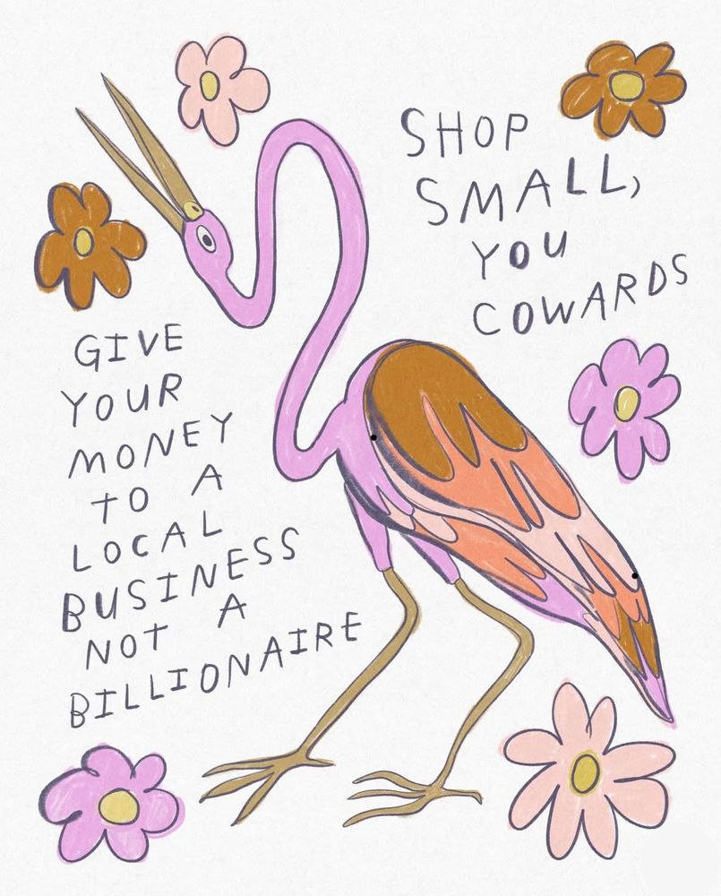Illustration von @heatherbuchanan auf Instagram:
Ein Kranich und mehrere Blümchen in Rosa- und Brauntönen, daneben steht 
"SHOP SMALL, YOU COWARDS
GIVE YOUR MONEY TO A LOCAL BUSINESS NOT A BILLIONAIRE"