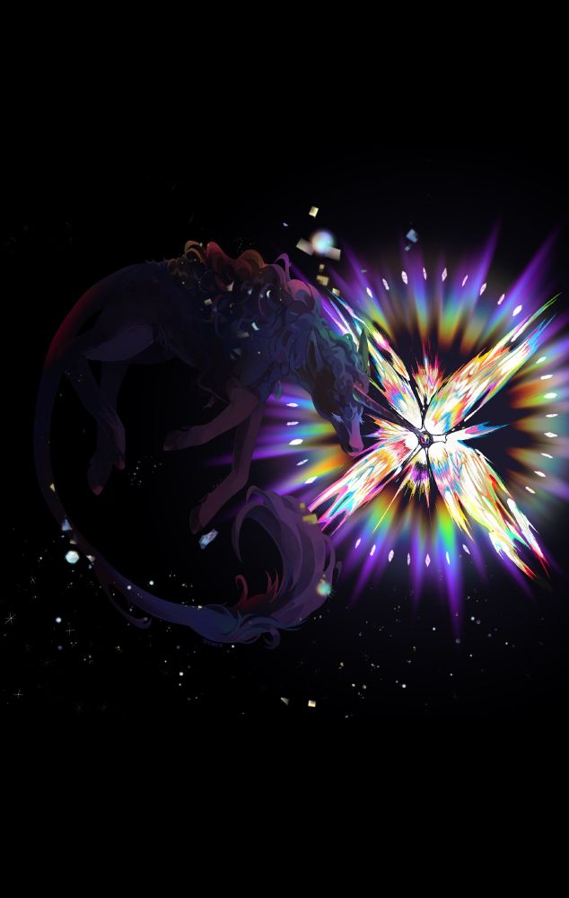 A black unicorn with a rainbow emitting from the tip of its horn. In the rainbow are various pride flags.