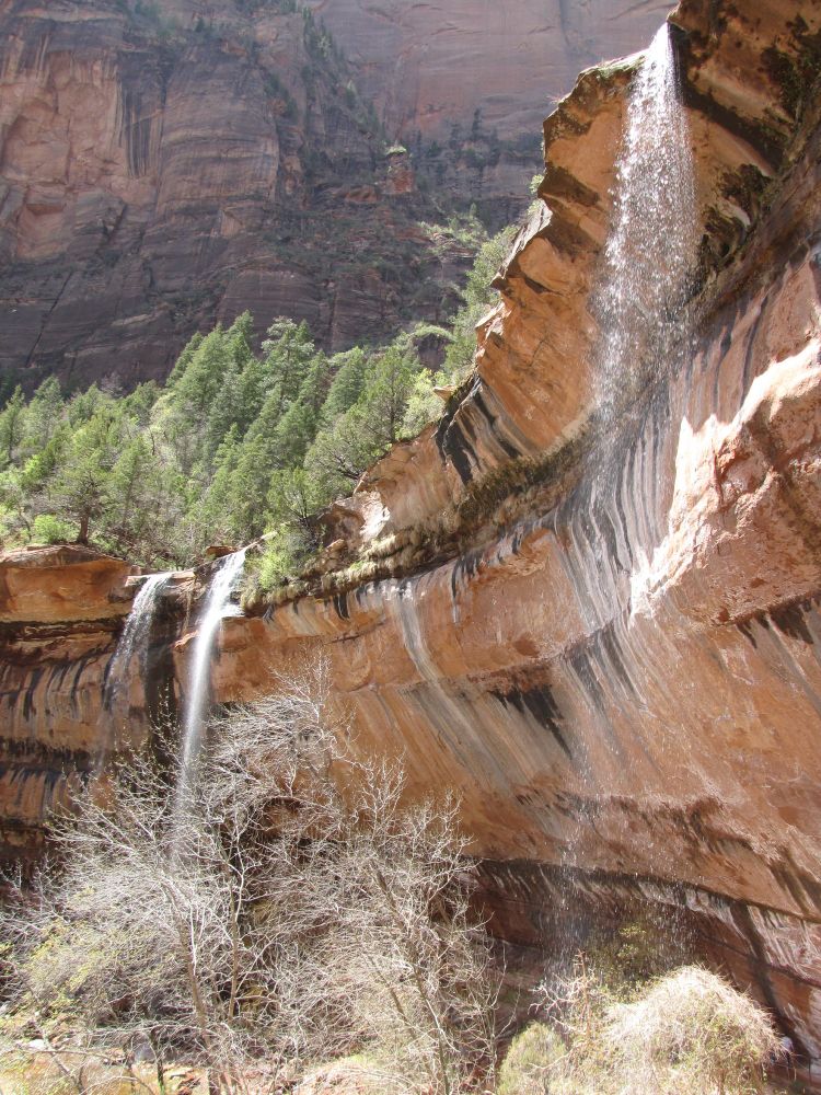 Waterfalls off a redrock ledge.