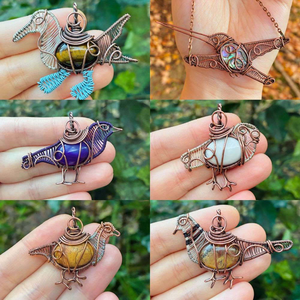 a 6-photo collage of various wirewrapped bird pendants — the first 6 mentioned in the post