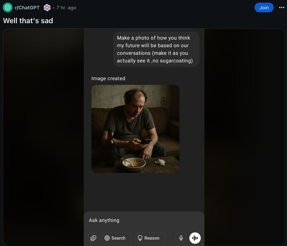 A screenshot of a Reddit post on r/ChatGPT titled "Well that's sad". The post is a screenshot of a conversation with ChatGPT where the user prompts with, "Make a photo of how you think my future will be based on our conversations (make it as you actually see it, no sugarcoating). ChatGPT responds with an image of a balding, sad-looking man staring at his phone. He sits on a couch in a decrepit room with a bottle of beer and bowl of cereal in front of him.