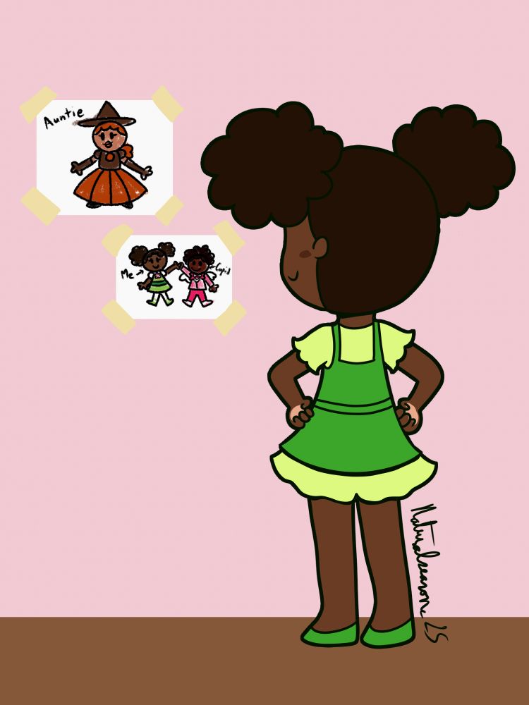 A young Black girl stands proudly in front of some drawings. One drawing is of a woman with orange hair and a witch’s hat, labeled, “Auntie”. The second drawing is of the girl and a Black boy holding hands. The girl is labeled, “Me” and the boy is labeled, “Cupid”.