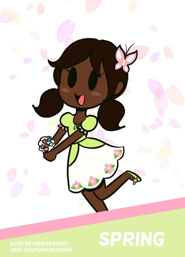 Little Miss Spring as she looked in early 2020. She has straight hair and pink cheeks. There is a pink butterfly in her hair, and she is holding a small bouquet.