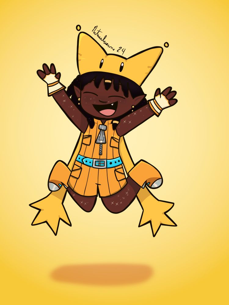 Jupiter (11 year old Black kid with dreads and a yellow hat) leaps in the air with glee.