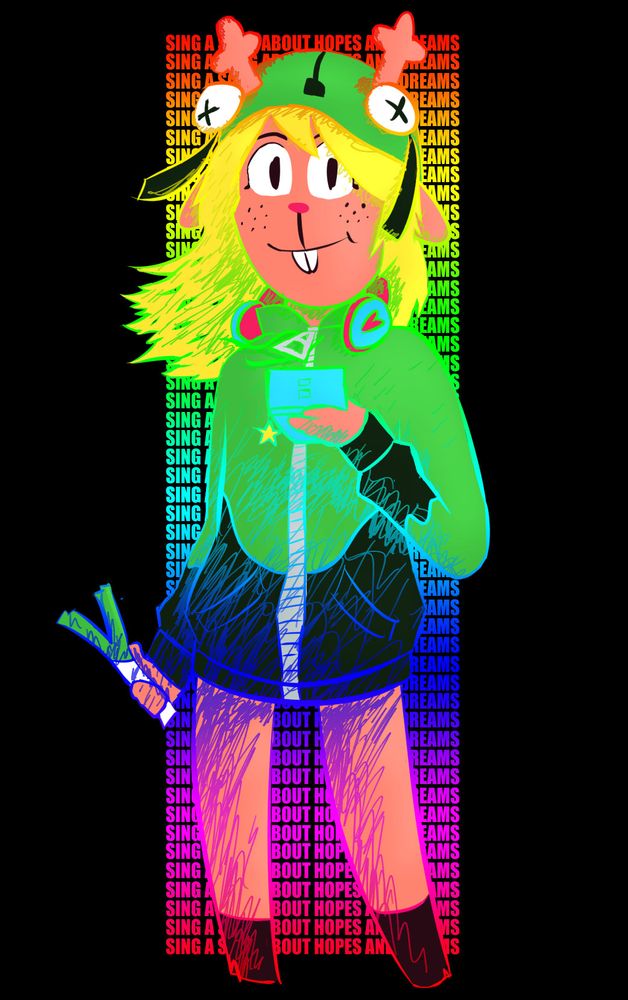 a drawing of Noelle from Deltarune (deer lady with blond hair) wearing a hoodie of Gir from Invader Zim (green dog-like creature?), while holding a leek in one hand and a nintendo ds in the other. the drawing uses a rainbow gradient for the linework and shading, as well as for a large block of text behind Noelle that says "SING A SONG ABOUT HOPES AND DREAMS"