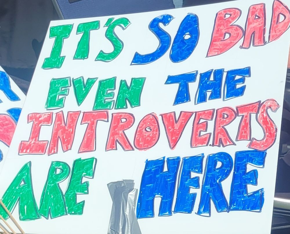 A protest sign that reads "IT'S SO BAD EVEN THE INTROVERTS ARE HERE".