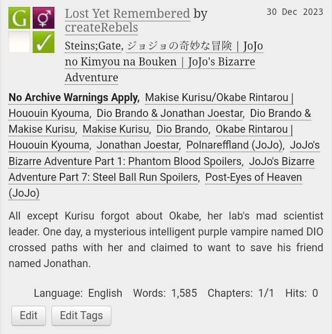 Dio Brando & Makise Kurisu, Makise Kurisu/Okabe Rintarou | Hououin Kyouma, Dio Brando & Jonathan Joestar, Polnareffland, Spoilers, and Other Tags