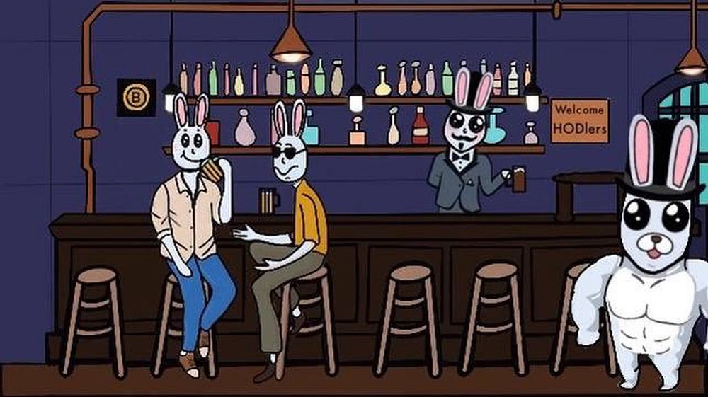 Bunny memecoins characters sitting at a bar enjoying the multiverse
