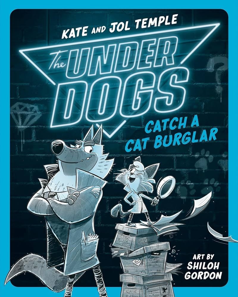 A one-eyed cat stands atop a stack of boxes and a dog stands in a coat beside her on the black and blue cover of The Underdogs Catch a Cat Burglar. 
