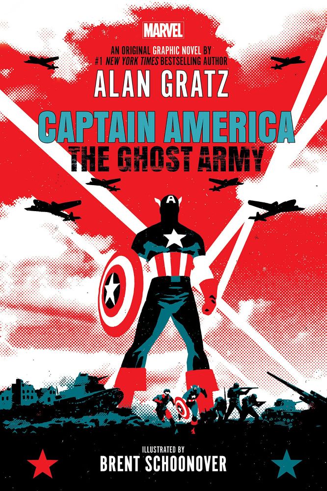 Captain America stands in his uniform, silhouetted, airplanes flying overhead and a smaller version of him running alongside Bucky Barnes as soldiers stand armed next to him. 