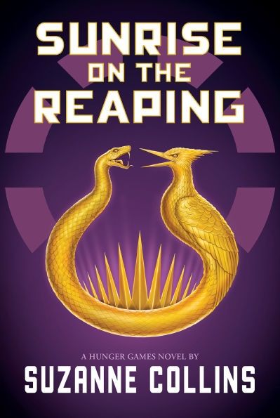A gold flint striker resembling a snake and bird facing each other with upward-pointing spikes connecting them in the middle, on a purple background, lays on the cover of Suzanne Collins' book, Sunrise on the Reaping.