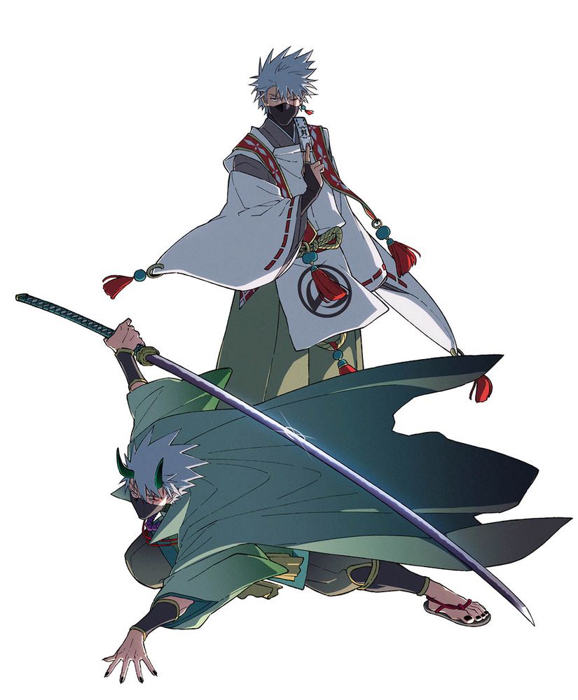 NARUTOのカカシ先生のファンアートイラスト。
公式による描き下ろしイラスト「妖怪アレンジ衣装」と「〈鬼〉シリーズ」の衣装を着た二人のカカシが描かれている。
手前には鬼のカカシがしゃがみ込んで左手を地面につき、背をこちらに見せるようにして右腕を上に持ち上げ、身の丈ほどある大太刀を逆手に掲げている。
奥には凛とした立ち姿の陰陽師カカシが体だけわずかに向かって右側に反らし、真正面を見据えたまま札を構え、左目を閉じ右目だけでこちらを見据えている。