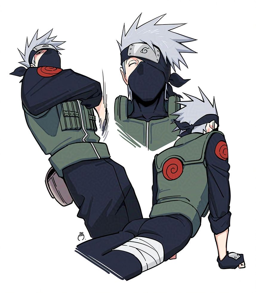 NARUTOのカカシ先生のファンアートイラスト。
画像向かって左側に何かを投げ放っている姿、中央上部ににこりと笑った正面の顔、右下にうつ伏せの姿勢から腕を真っ直ぐ地面に突っ張って伸びをしている姿の計3点が描かれている。