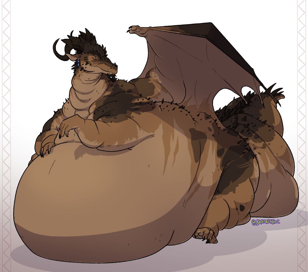 A very fat dragon who is sitting back and beached on his stuffed belly. His front feet cannot touch the ground. He lifts a wong and looks back at his rear where his fat tail is splayed out, wider than his splayed legs. 
#fatfur #fatdragon #fatfurry #immobile #belly #fatbelly #feederism 