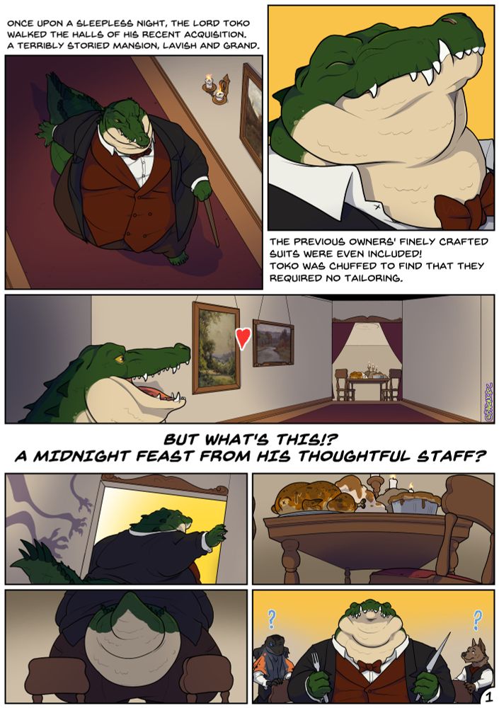 The first of a 5 page comic. A fat alligator walks with a cane through his mansion, the text describes that he's walking the halls of the house he just purchased late at night.
He's happy, as it even included the suit he's wearing and is fully furnished. 
Even better, he spies a feast laid out for him! But strange shadows creep towards him...