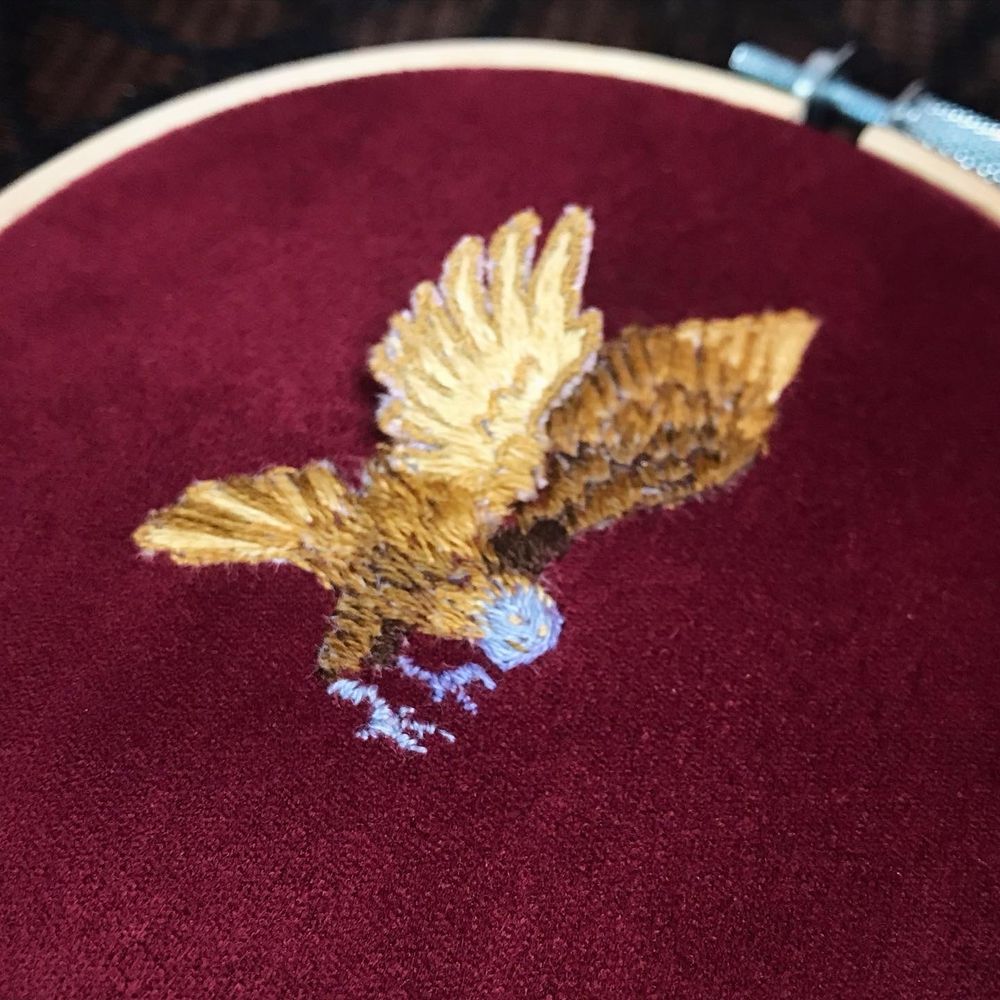 An angled shot of the harpy showing the raised wing. The harpy is flying with its claws facing out.