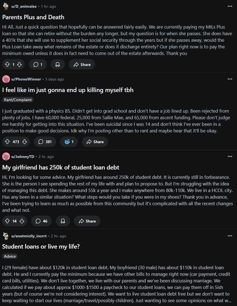 Screenshot of r/studentloans