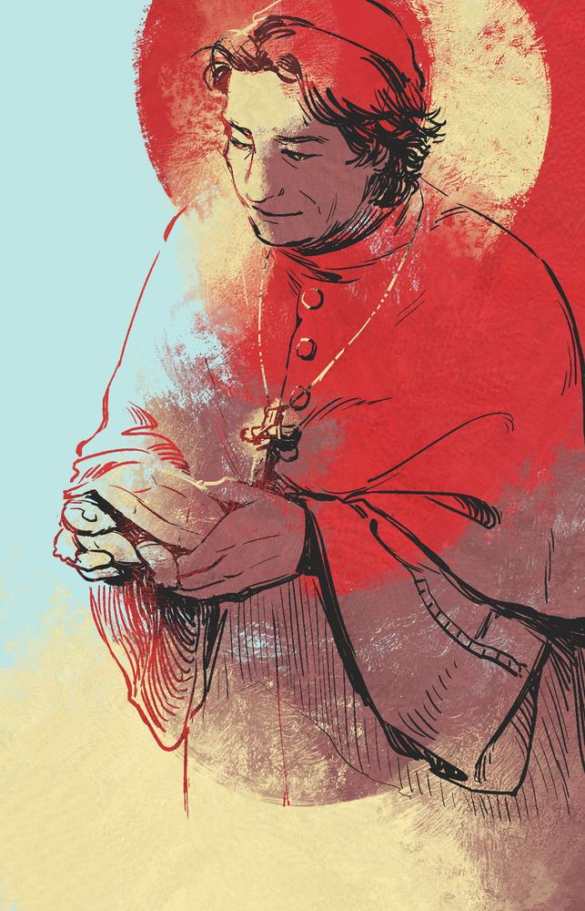 An illustration of Vincent Benitez from Conclave, the film. He's holding a turtle gently, looking down at it with a serene expression. The drawing is done with wispy brush strokes, using striking bright red for his cardinal outfit and some supporting warm colours overall. He has a stylistic halo around his head and cross.