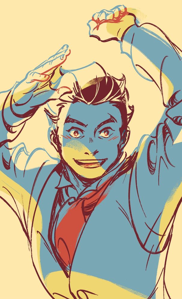 Two digital drawings of Yuujin Mikotoba and Herlock Sholmes from The Great Ace Attorney dancing. Both are drawn around 10 years younger than they appear in game. Both are shown from the chest up and are grinning. Mikotoba has his arms raised above his head and Sholmes has one arm above his head and the other in front of his chest. They are both colored with large shapes; Mikotoba is colored with teal, yellow green, and red orange, and Sholmes' is colored with lilac, light orange, and bright pink; that follow the flow of the poses but don't fit perfectly into the line art. ID from DGSDescribed on tumblr.