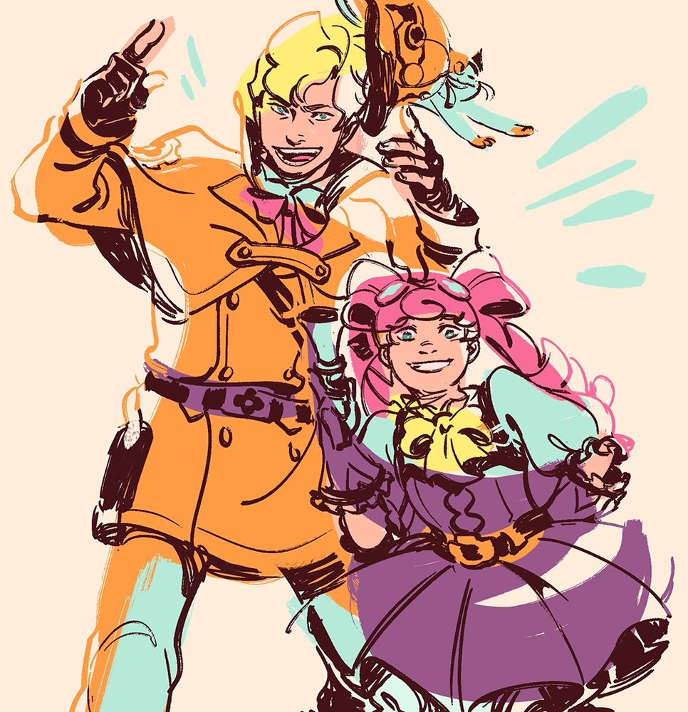 An illustration of Herlock Sholmes and Iris Wilson from Dai Gyakuten Saiban or The Great Ace Attorney. They're striking a pose and looking at the camera joyfully, as if welcoming the viewer. Wagahai the cat is jumping and sneakily stealing Herlock's deerstalker hat. The illustration's colours are bright and vibrant, with wispy brushes, giving a carefree look.