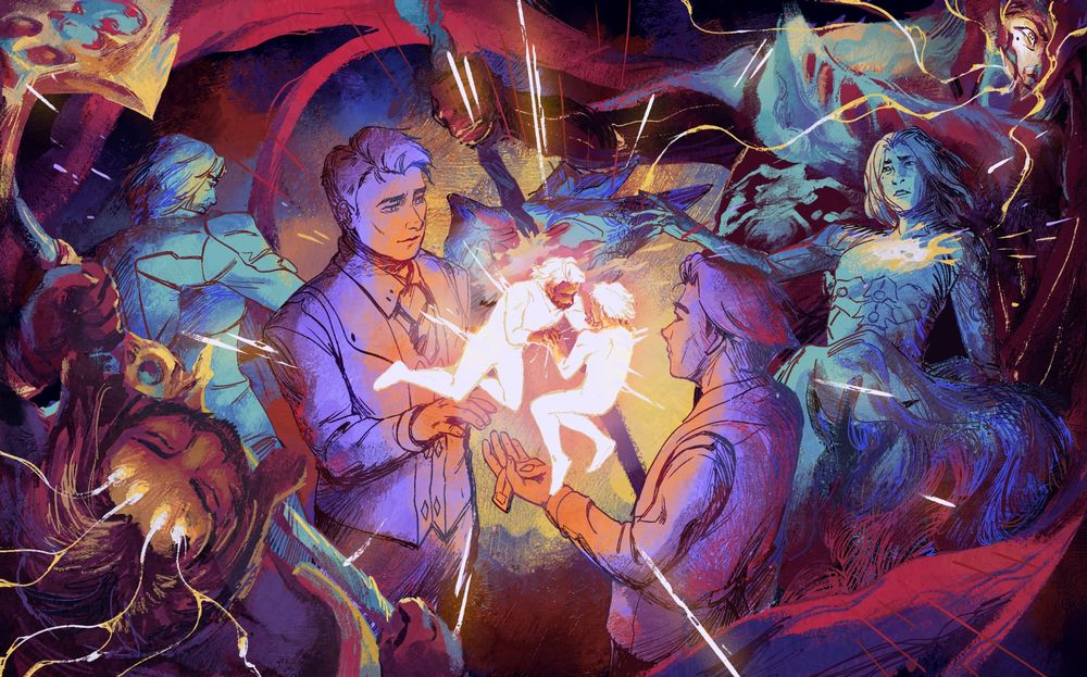 A fanart of Arcane finale featuring Jayce and Viktor. Different stages of their forms and relationship are depicted: Their first meeting where Viktor hands Jayce's bracelet to him, the time Jayce killed Viktor in his commune, and their final battle as Arcane Survivor Jayce and Machine Herald Viktor. They all seem to be reaching out to each other in some way and the composition leads to the center, where both of them are holding Jayce's rune gemstone and each other, looking ethereal.
