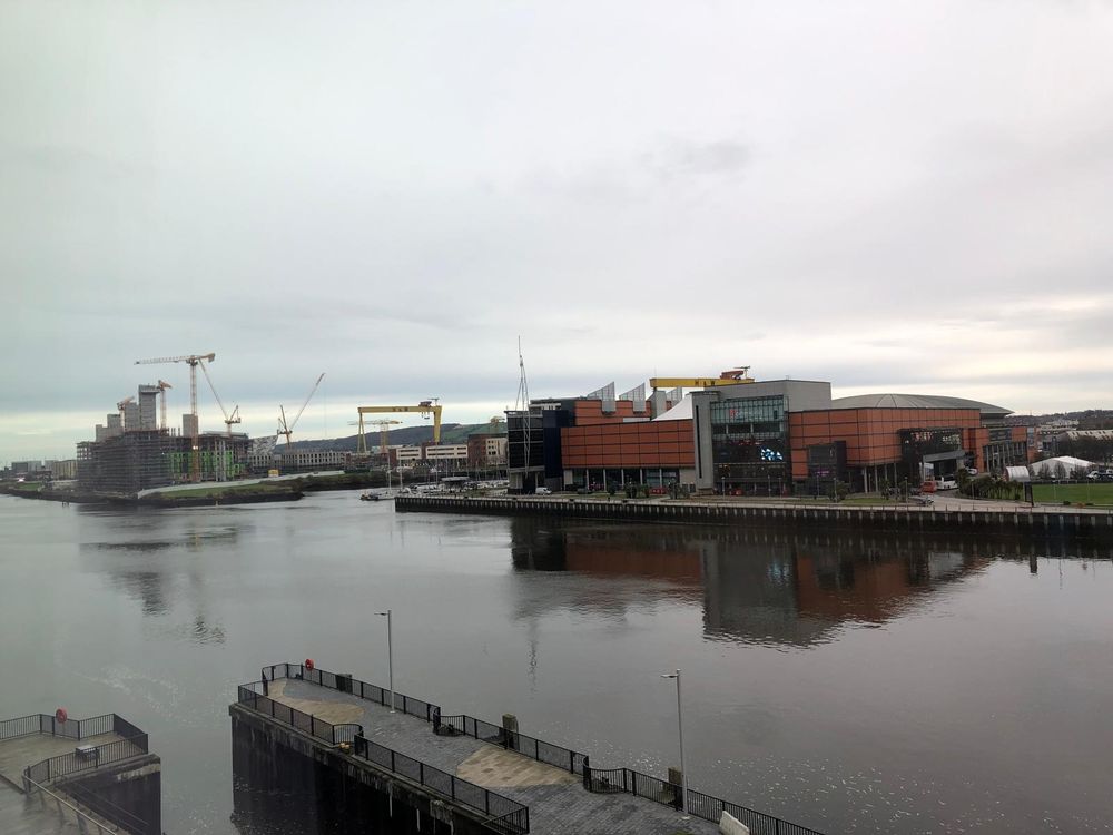 A view across the Belfast waterfront towards the Harland and Wolff cranes.