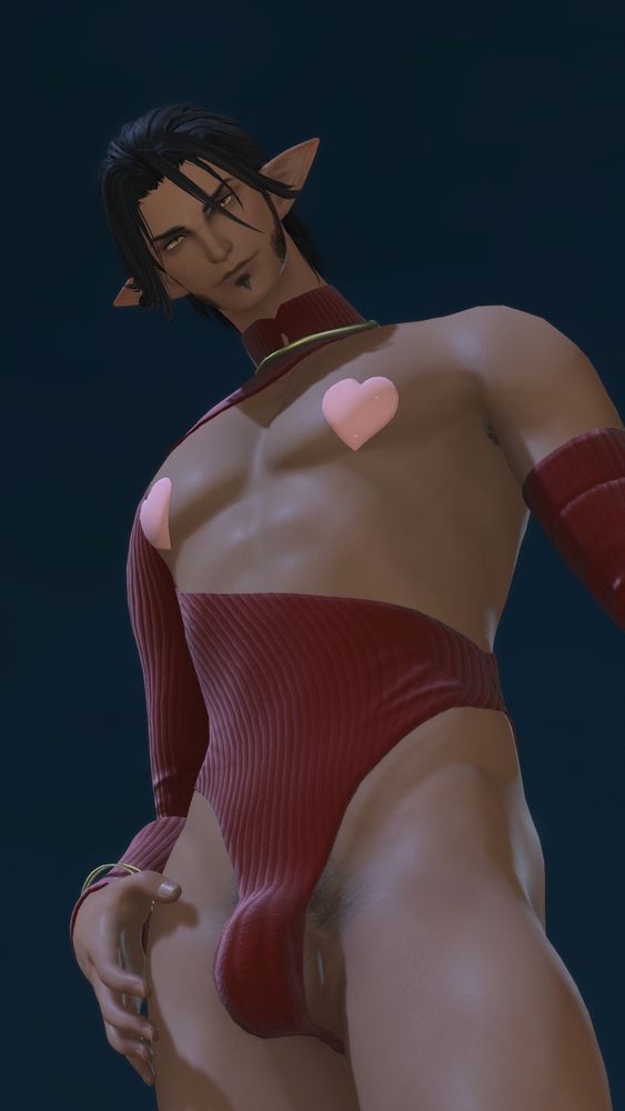 A half body shot of Lunais from a low angle. He's wearing a red body suit that keeps his chest exposed (save for a pair of heart-shaped nipple pasties) and it does a horrible terrible job keeping his dick n balls contained actually. Somebody should go and pull that aside I think.