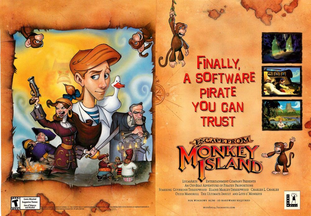 Scan of a magazine ad for Escape from Monkey Island. The cover art of the game is on the left. On the right, some screeshots, the logo title, and the tagline "Finally, a software pirate you can trust."