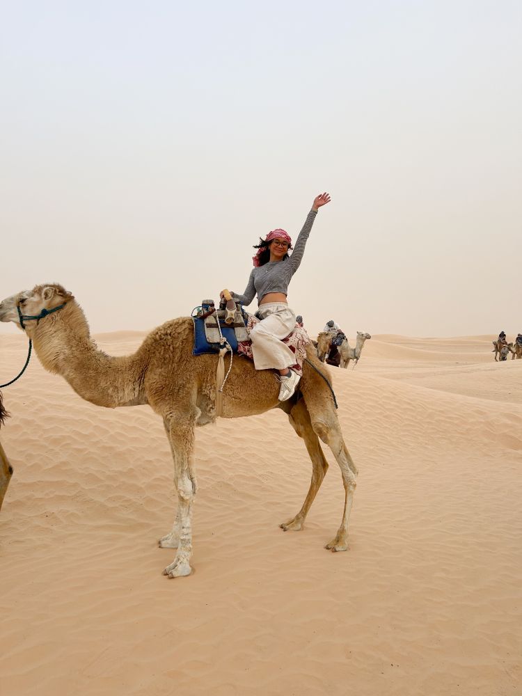 Person riding a camel and waving enthusiastically in a sandy desert.