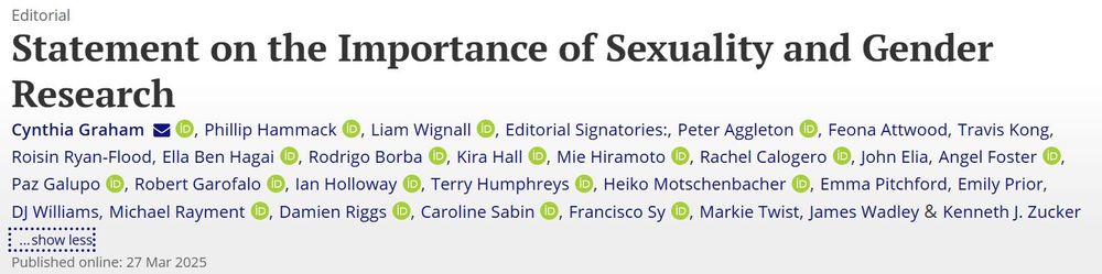 Screenshot of new open access editorial led by Cynthia Graham, published in Journal of Sex Research, titled "Statement on the Importance of Sexuality and Gender Research", co-signed by many editors of sexuality and gender journals. 