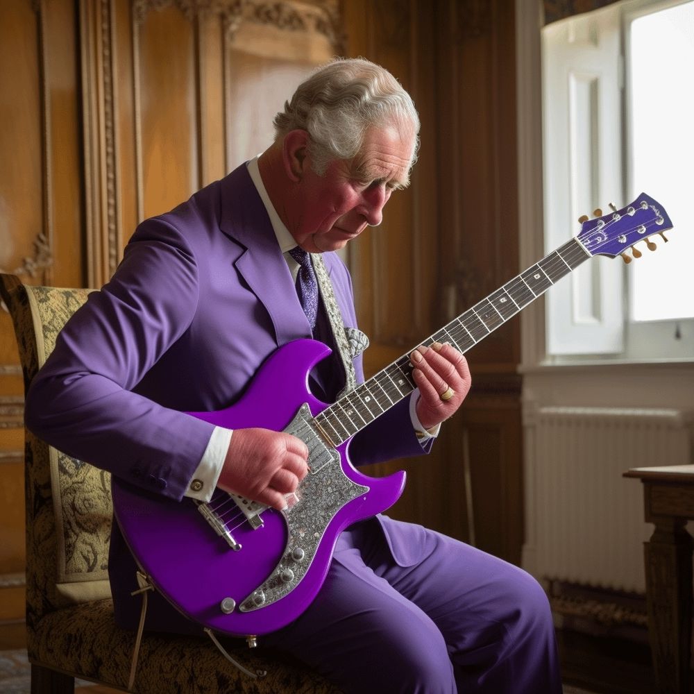Ein KI generiertes Bild von King Charles in einem lilafarbenen Anzug, der auf eine lilafarbenen E-Gitarre spielt.
