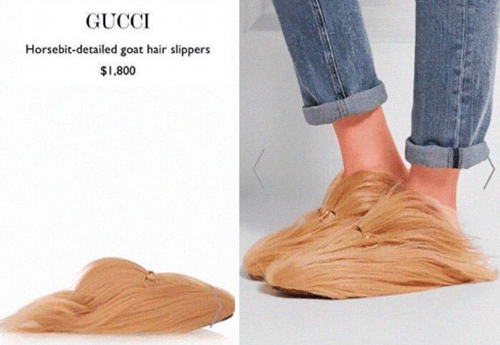 Gucci Sandalen, die so aussehen, als ob sie aus langen blonden Haaren gestaltet wären. Sie kosten 1800$