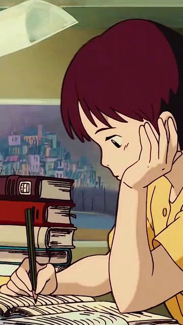 a girl is writing on a piece of paper in front of a stack of books with the letters eee on them