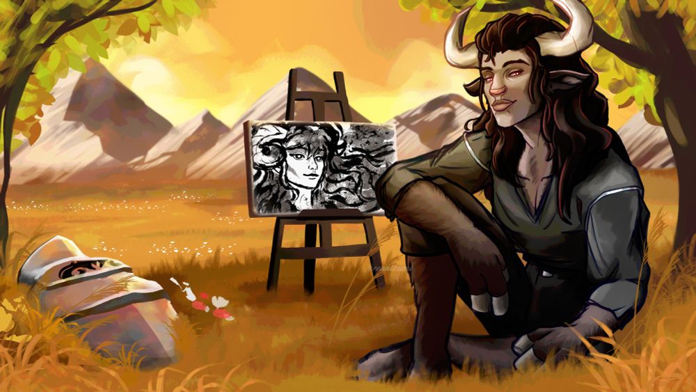 Braius Doomseed from Critical Role overlooking a golden plain with mountains on the horizon. In front of him is a painted canvas and easel of his friend Jester Lavorre, and near him is his breastplate. This was drawn by myself, @rennizumi.bsky.social for the Artist's Guild of Exandria Critical Role Lo-fo project!