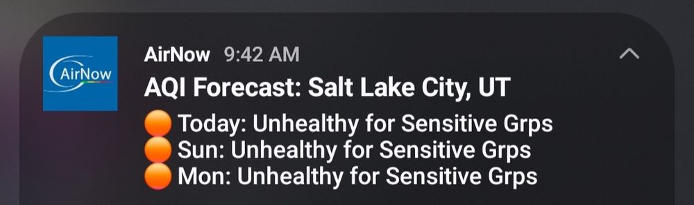 Text from the AirNow air quality forecast, "
AQI Forecast: Salt Lake City, UT
🟠 Today: Unhealthy for Sensitive Grps
🟠 Sun: Unhealthy for Sensitive Grps
🟠 Mon: Unhealthy for Sensitive Grps