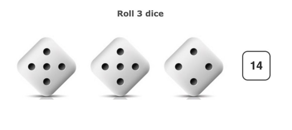 A screenshot from rolladie.net displaying a roll of 3 D6 dice resulting in a two 5s and a 4 for a total of 14.