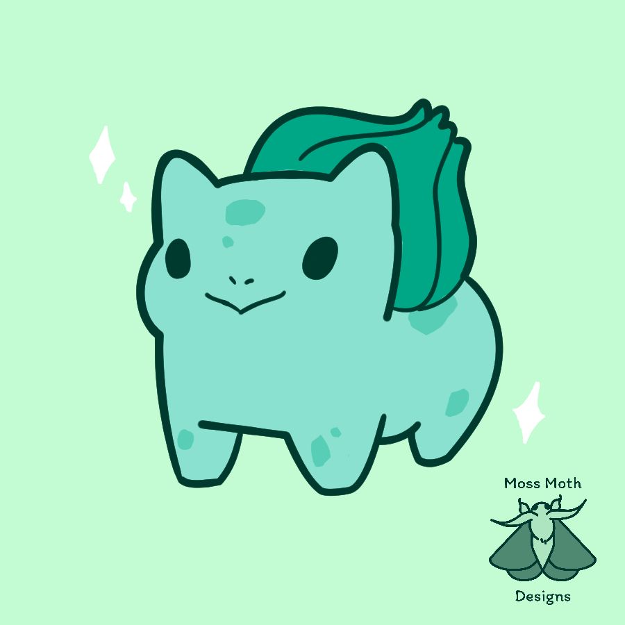 cute drawing of bulbasaur on green background
