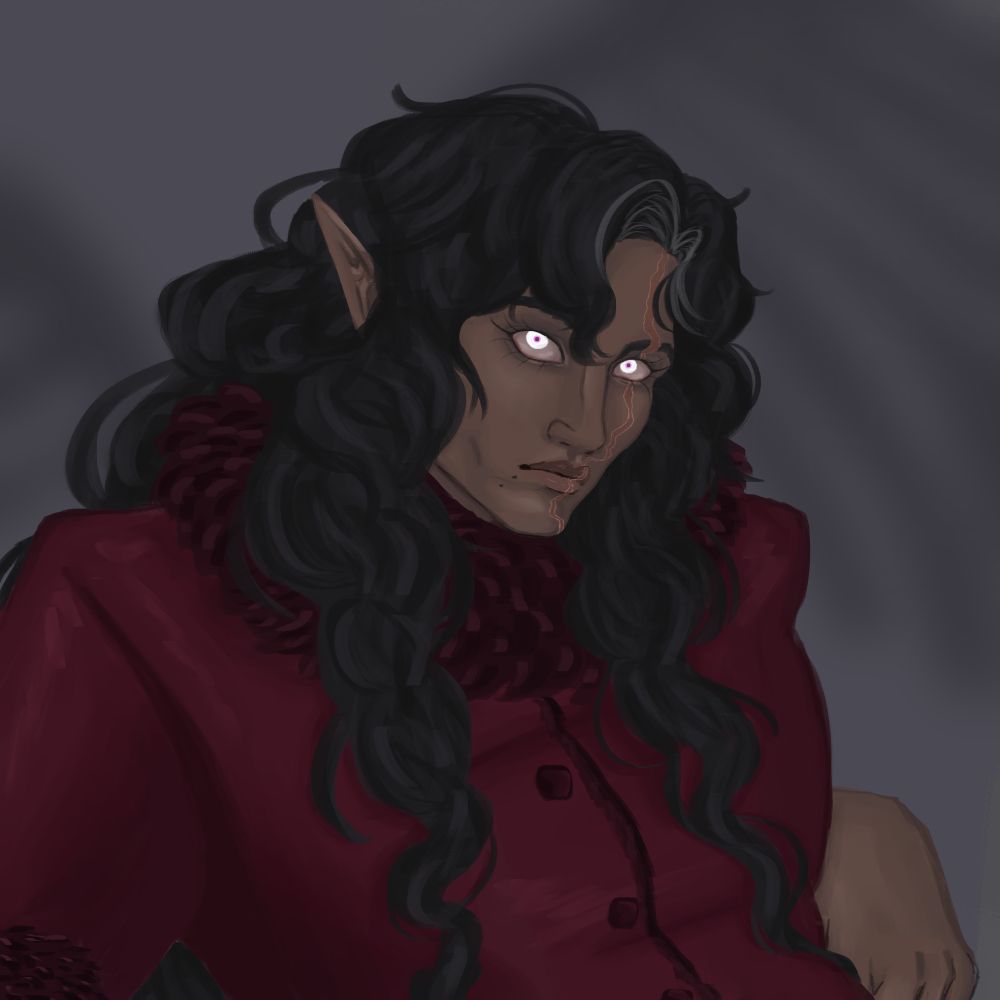 A big man wearing a red dress and long black hair. His eyes give an intensive stare and are bright.