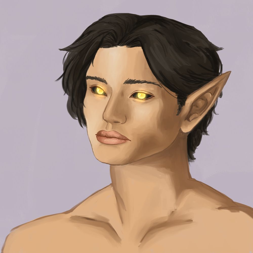 A light-skinned man stares at the viewer. He has short black hair. His eyes are black with yellow irises that glow. He is an elf.
