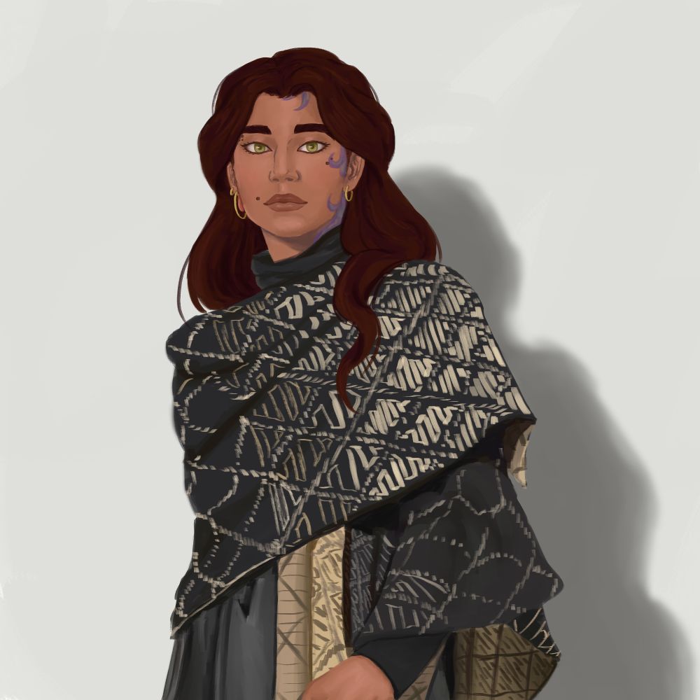 The image is a brown woman with brown hair and green eyes. She wears golden earrings and a black and gold outfit. She has a dragonmark that scale sup her body.