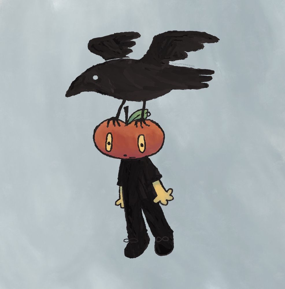 a digital drawing of a person with an apple head being carried away by a large black bird