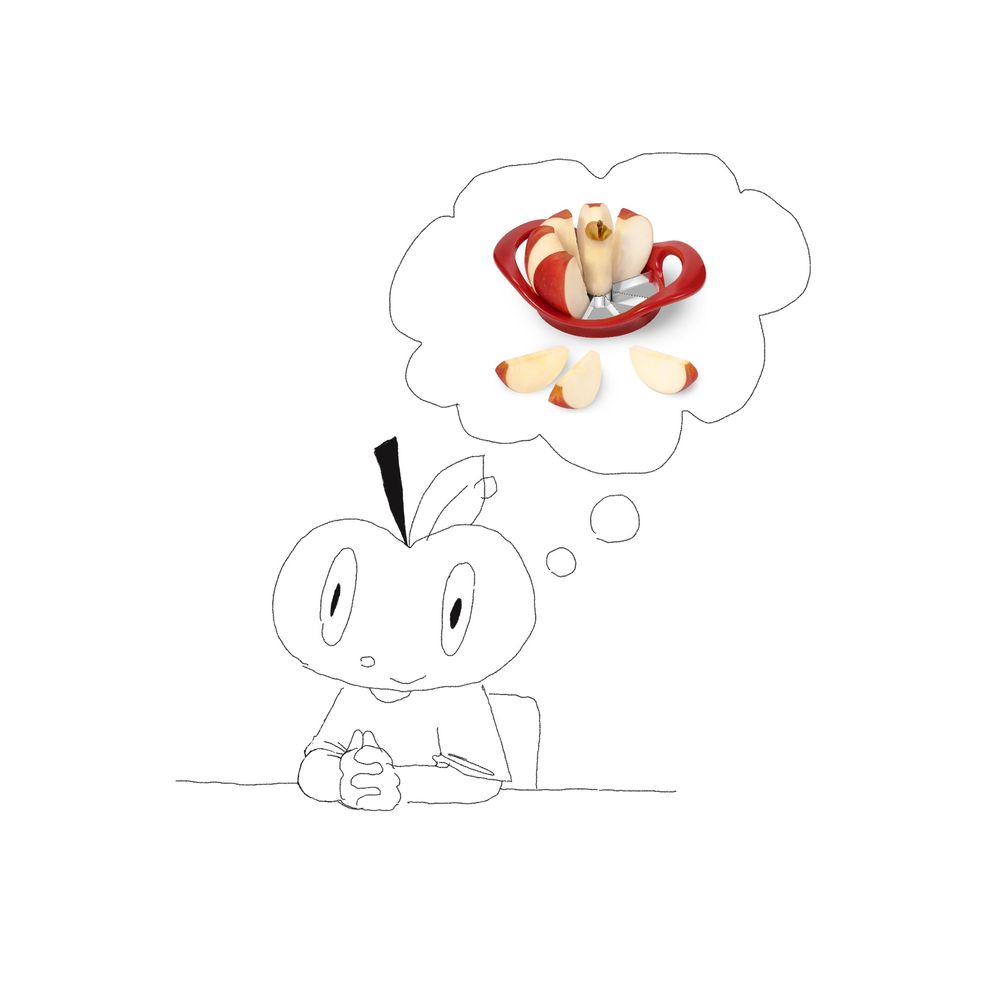a digital drawing of a person with an apple head imagining an apple being cut apart with an apple cutter