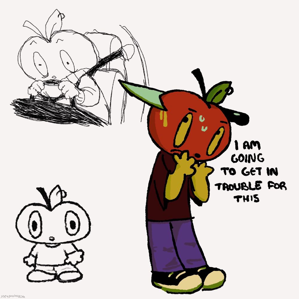 Various digital drawings of a person with an apple head
