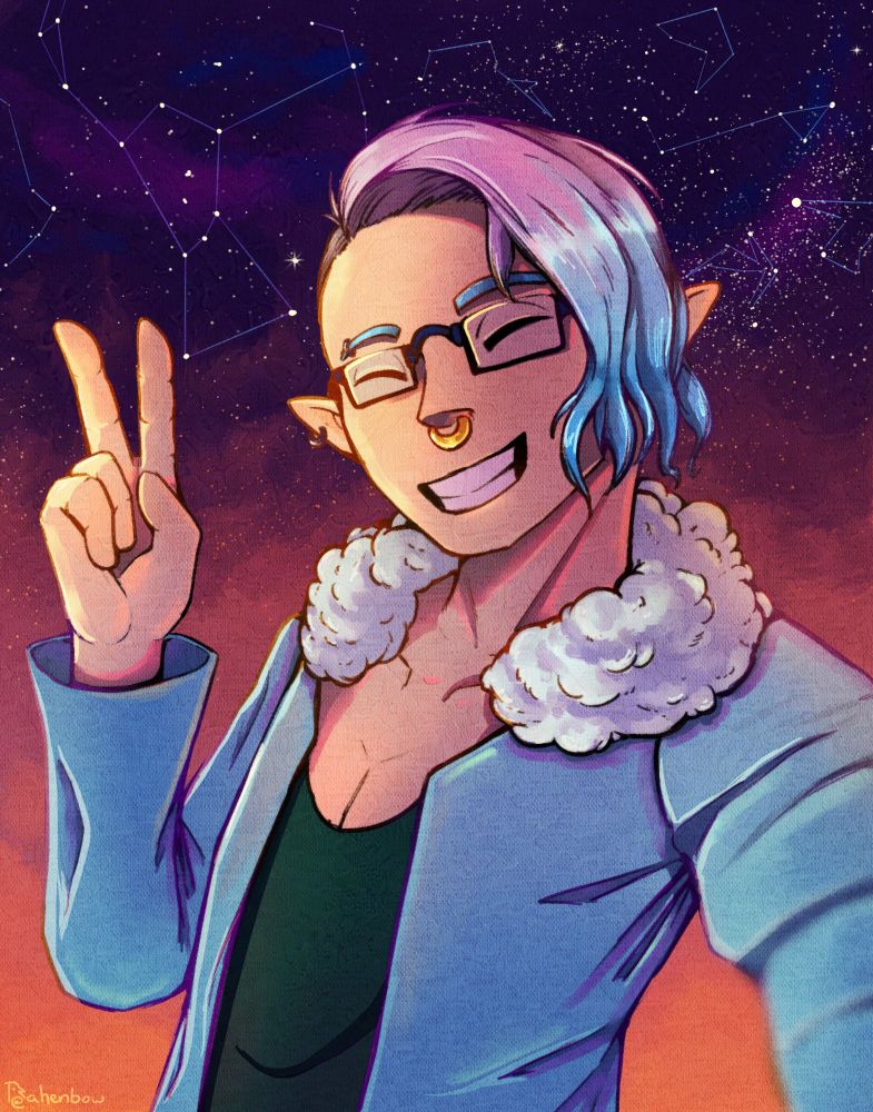 2024 Art Fight attack of AeliaSkye's OC Orion, a fancy lad in a blue jacket, taking a selfie and making the victory sign. The Orion constellation is visible in the background.