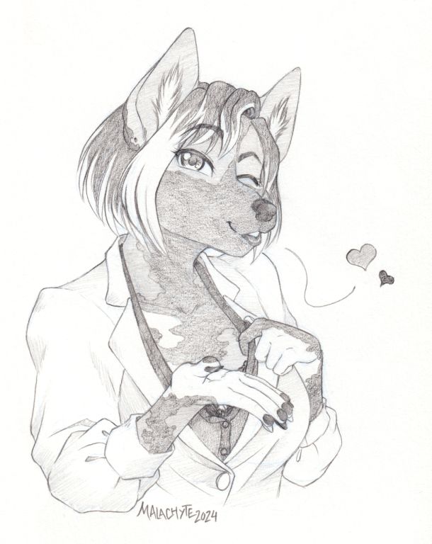 A pencil bust sketch of a female anthro painted dog. She is winking and blowing a kiss to the viewer while tugging her blouse open slightly to reveal her boobs and bra.