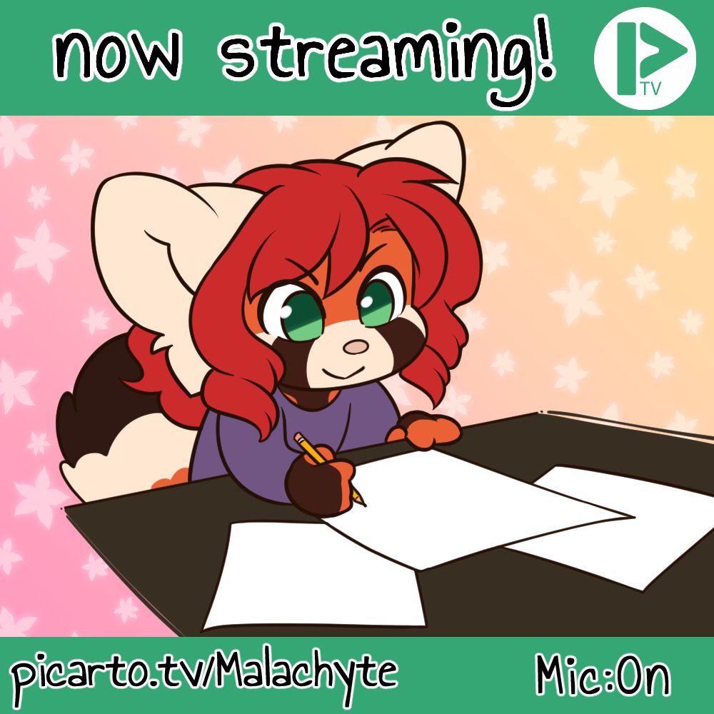 A chibi red panda sitting at a desk getting ready to draw.