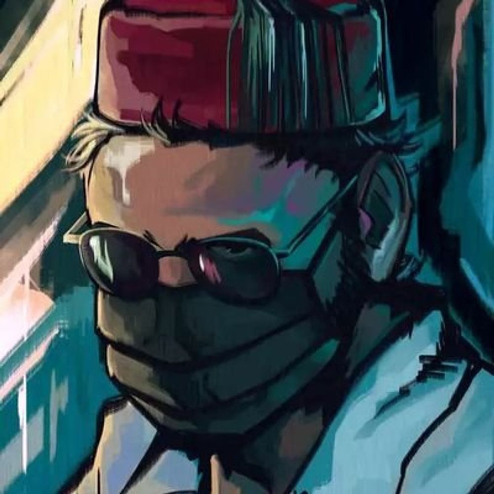 My profile picture, featuring myself in the disco Elysium style. The colds of the ocean like blues are intermingled with dark shadows and shafts of brilliant lights.